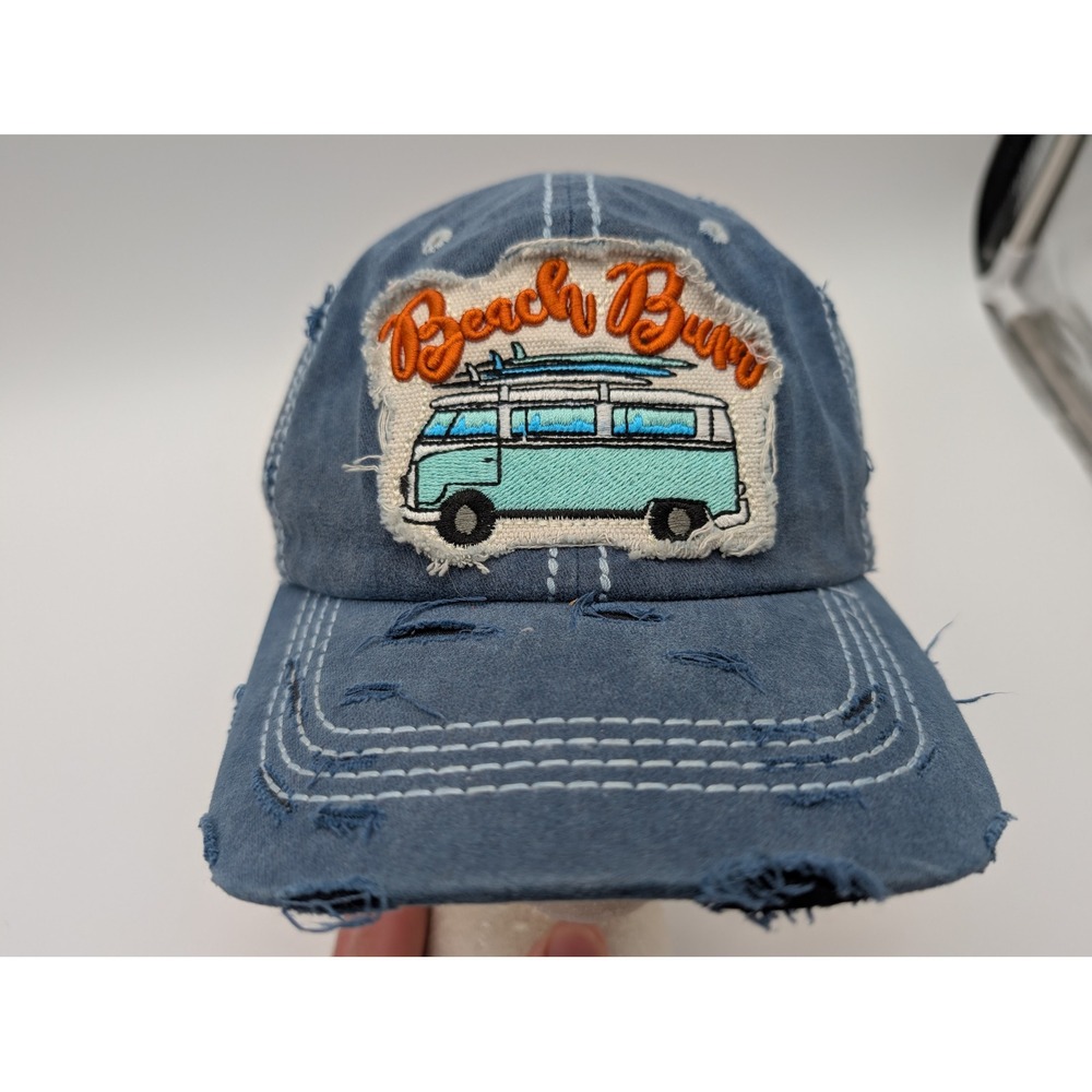 Beach Bum Blue Distressed Baseball Cap Surf Van Patch Adjustable Hat